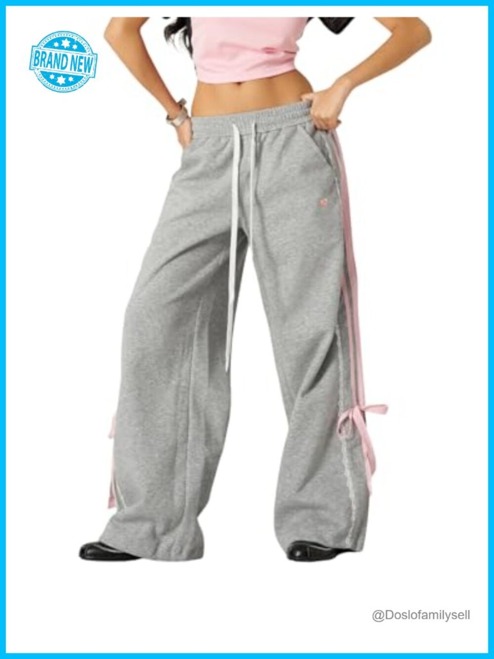 Lace Stripe Patchwork Wide Leg Sweatpants Elastic Drawstring Trousers